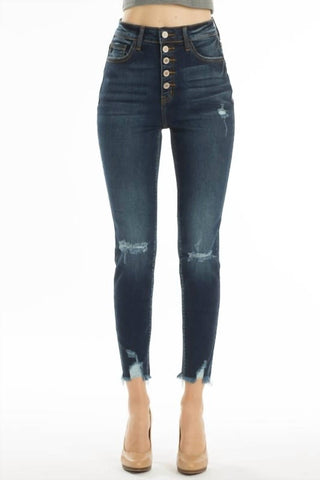 Kancan - Calça jeans rasgada com 5 botões e cintura alta