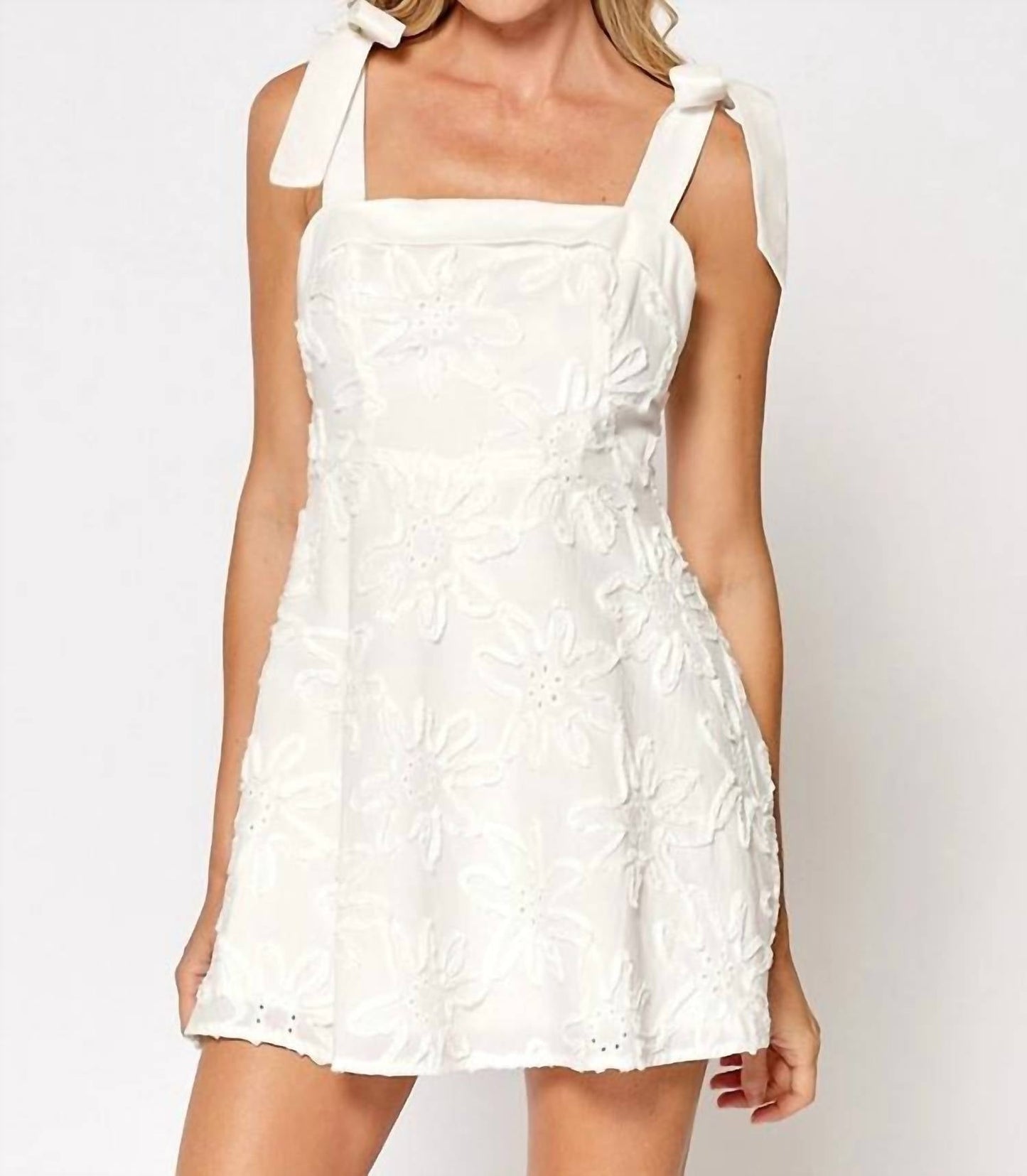 Lalavon - Flower Texture Mini Dress With Ribbon Shoulder Ties