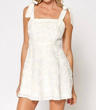Lalavon - Flower Texture Mini Dress With Ribbon Shoulder Ties