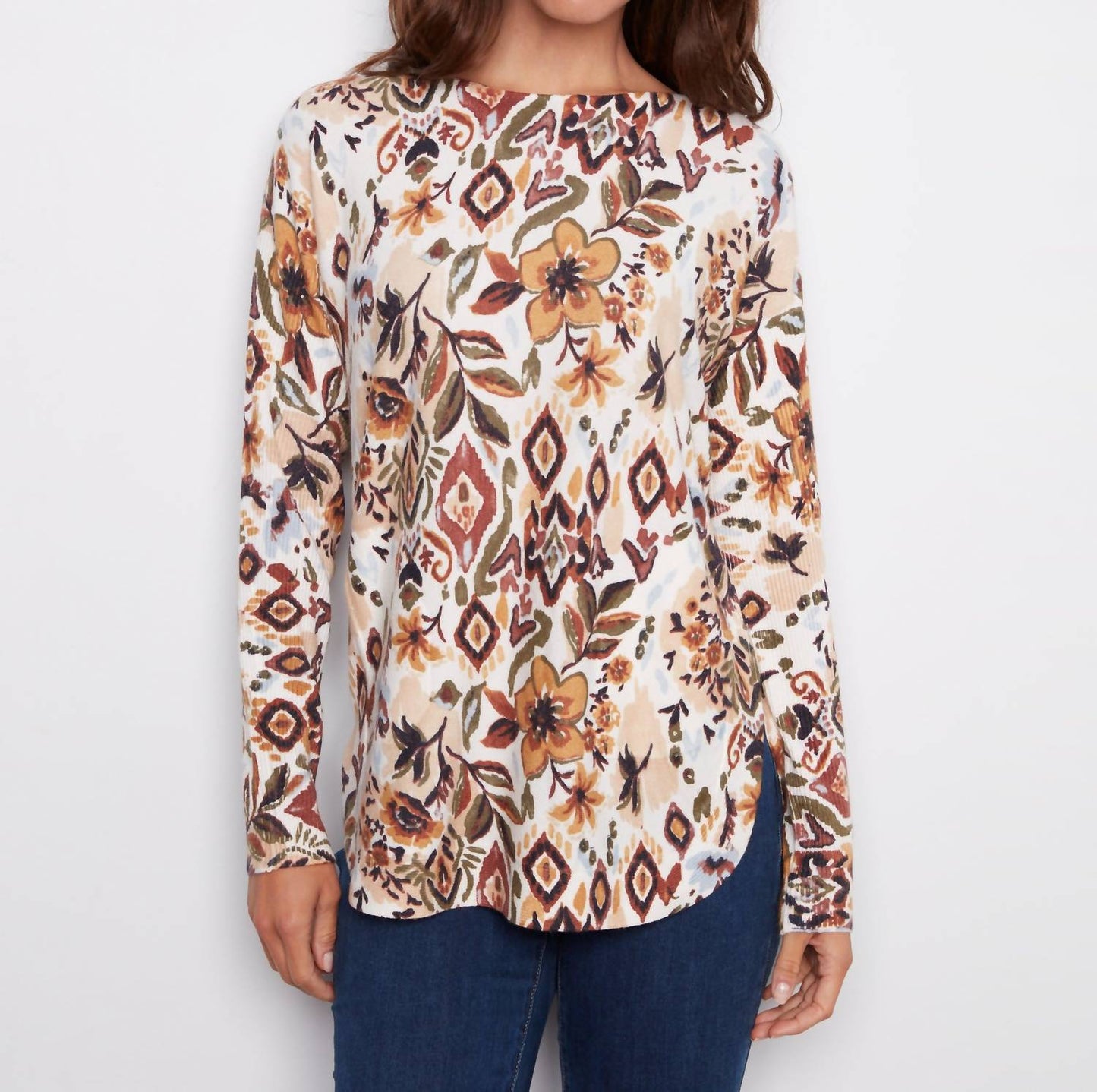 Charlie B - Printed Boat Neck Sweater With Pockets