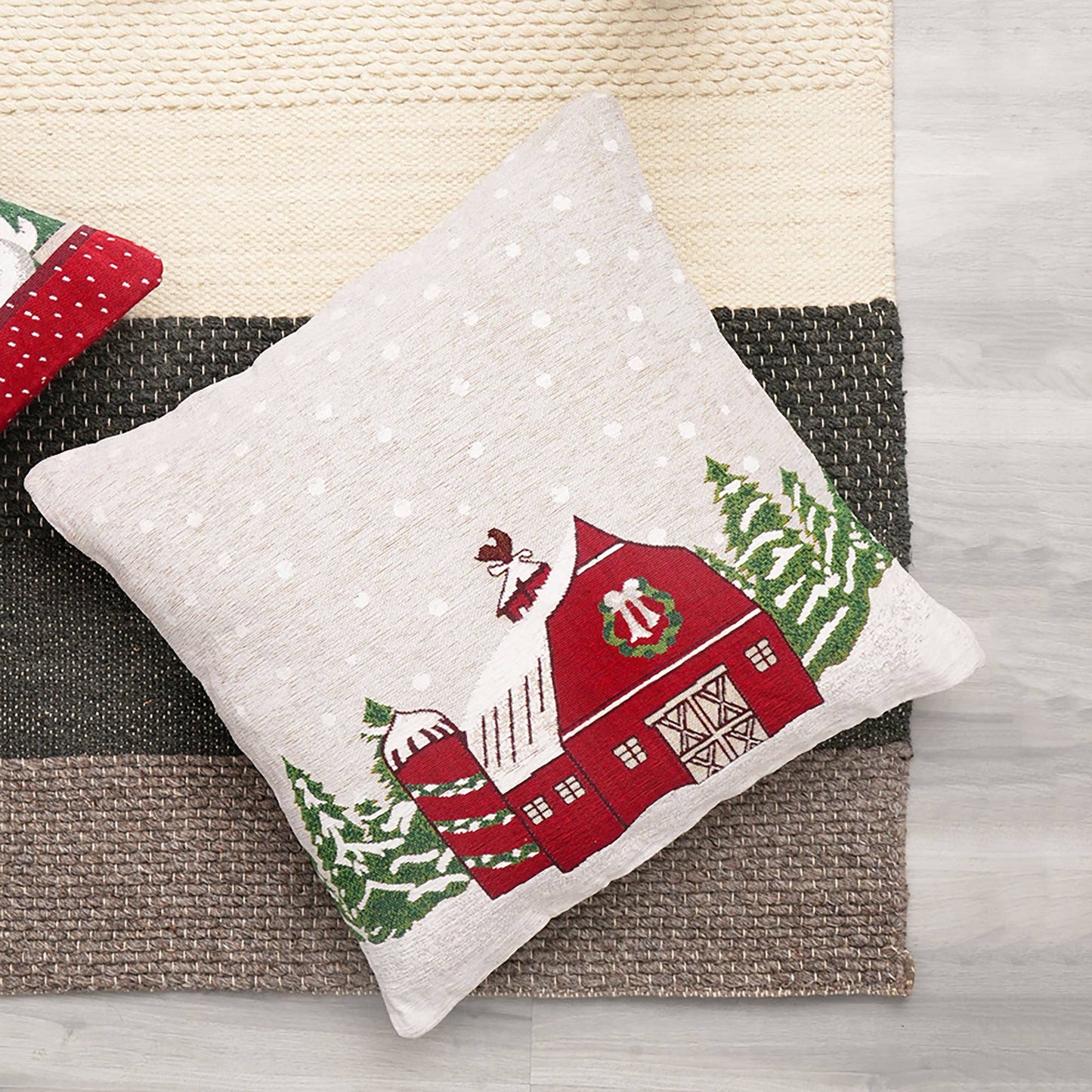 White & Red Snow Hut Jacquard Pillow – 24x24"