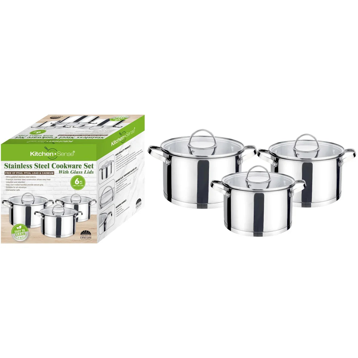 Conjunto de panelas de aço inoxidável polido com 6 peças e tampas de 1,9 QT, 2,7 QT e 3,6 QT