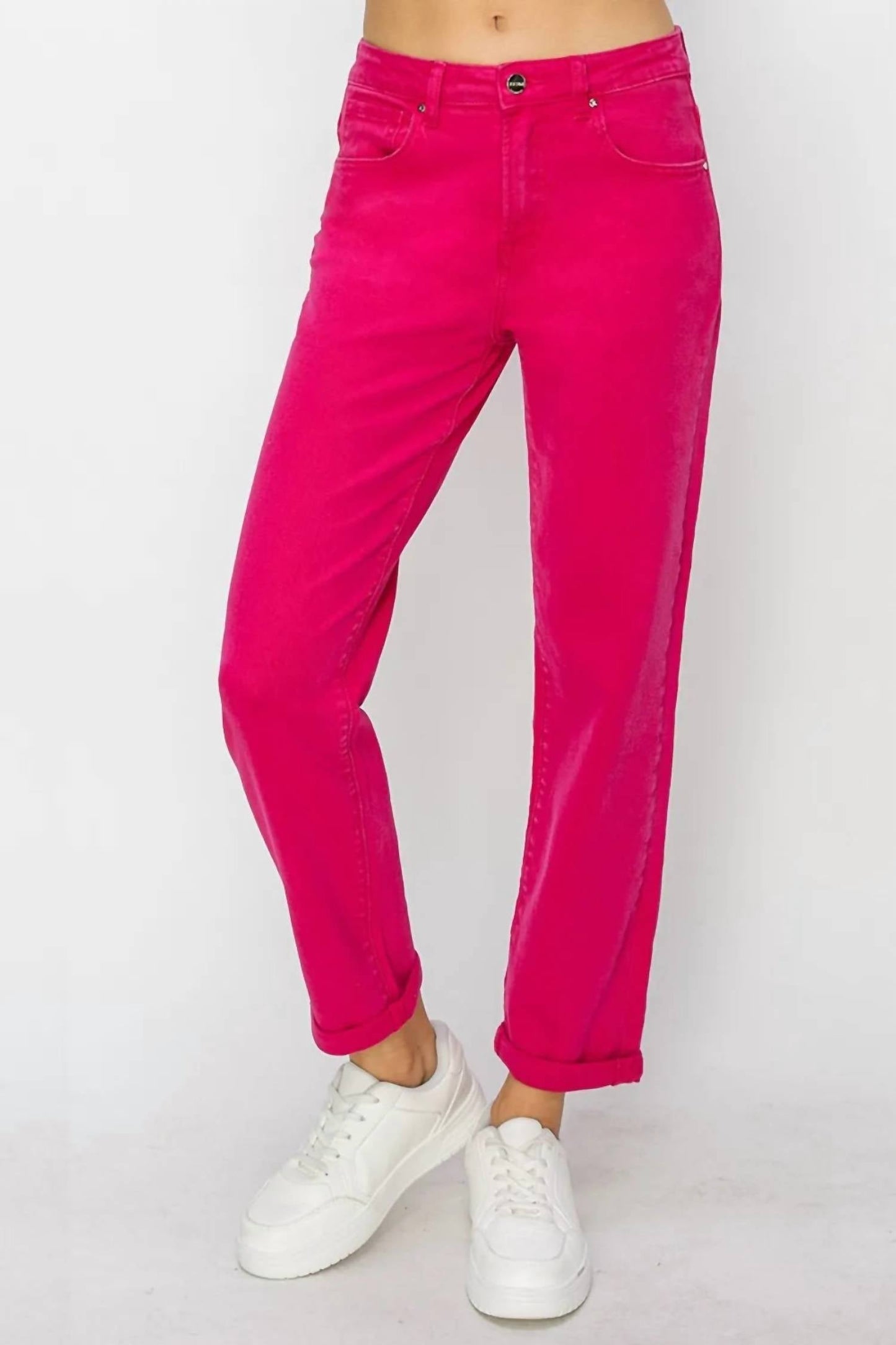 Risen - High Waist Rolled Hem Straight Jeans