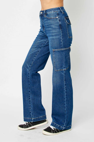 Judy Blue - Calça Jeans Cargo Bootcut de Cintura Alta