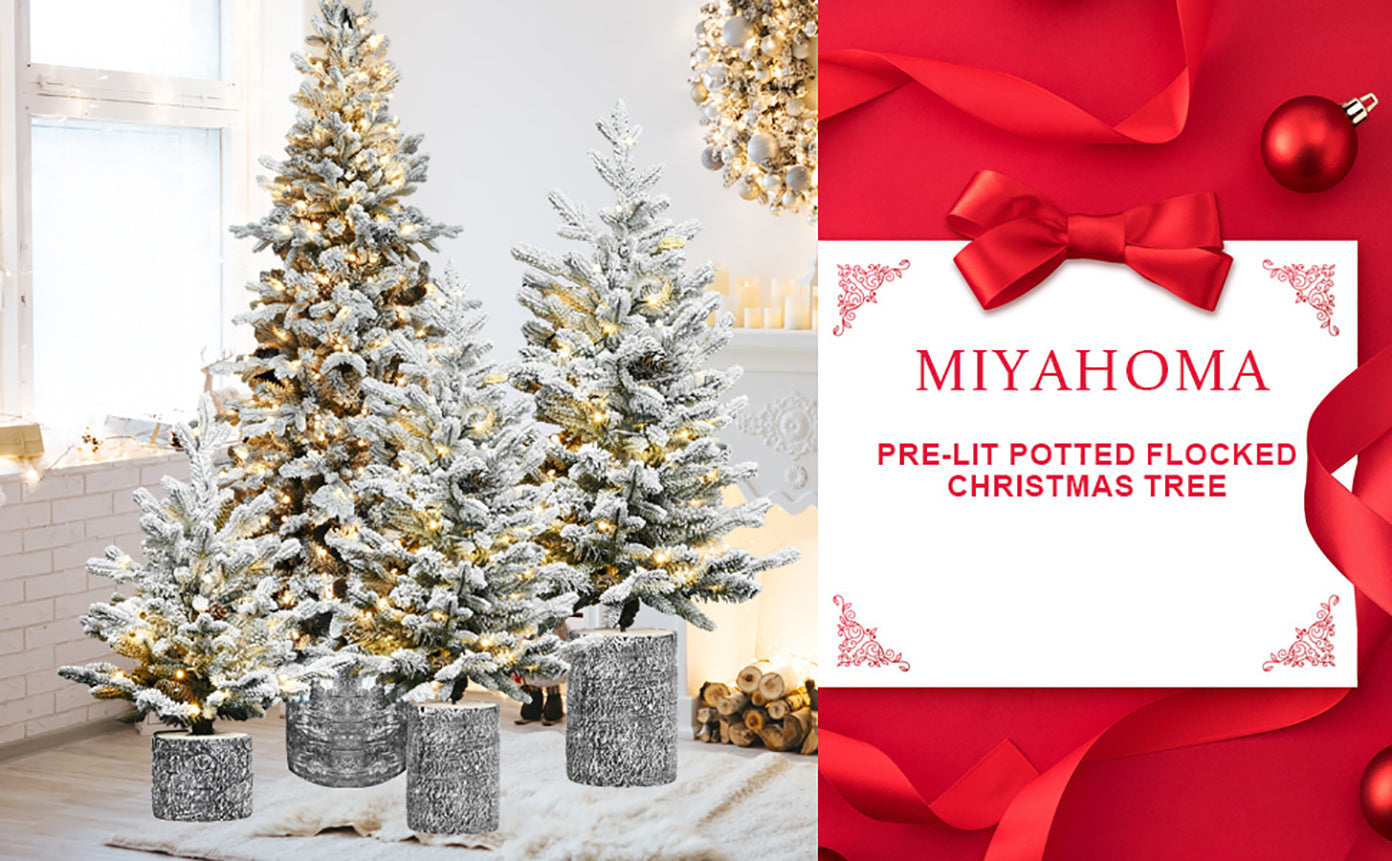4.5FT Flocked Christmas Tree with Pot Base and LED Lights