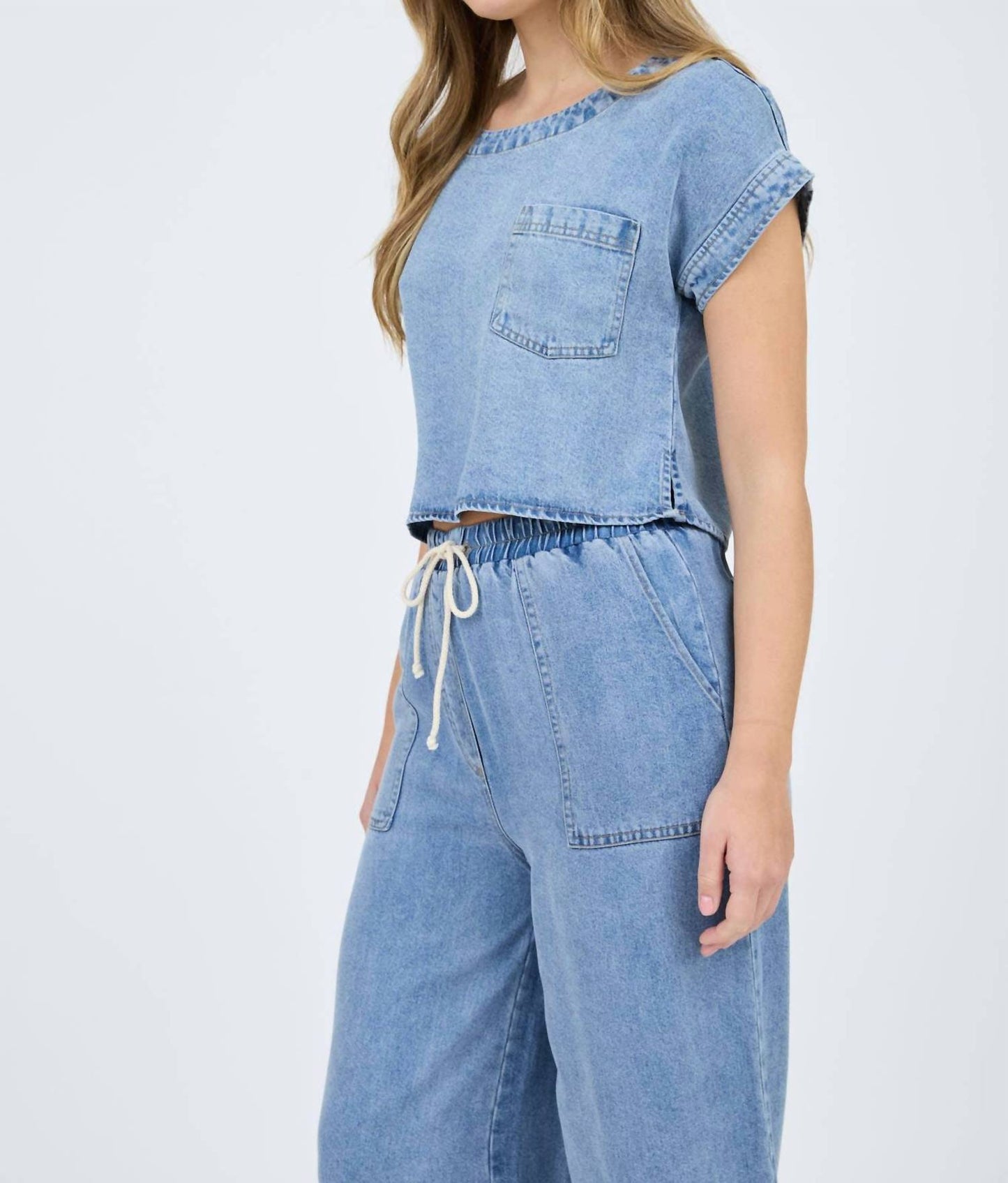 Blu Pepper - Washed Chambray Boat Neck Short Sleeve Crop Top