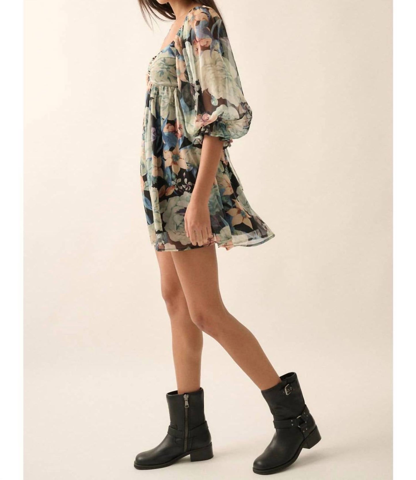 Promesa - Floral Mesh Sweetheart Neck Chiffon Babydoll Dress