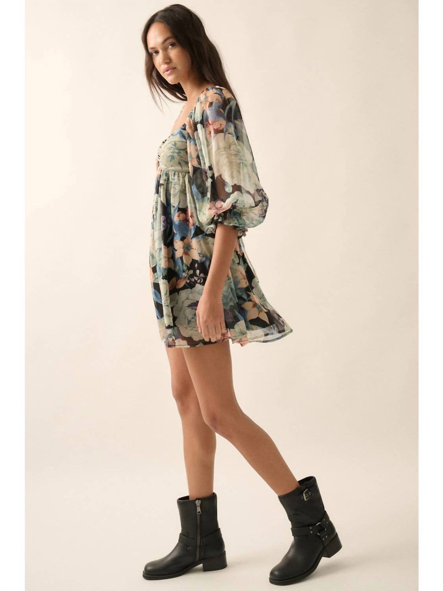 Promesa - Floral Mesh Sweetheart Neck Chiffon Babydoll Dress