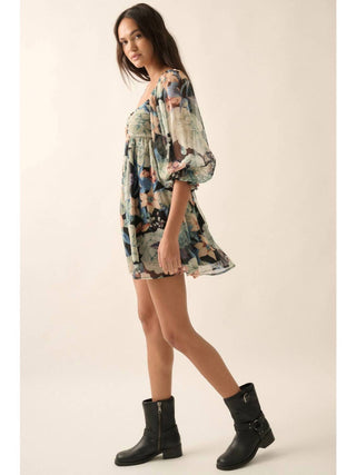 Promesa - Vestido Babydoll de Chiffon com Decote Coração e Malha Floral