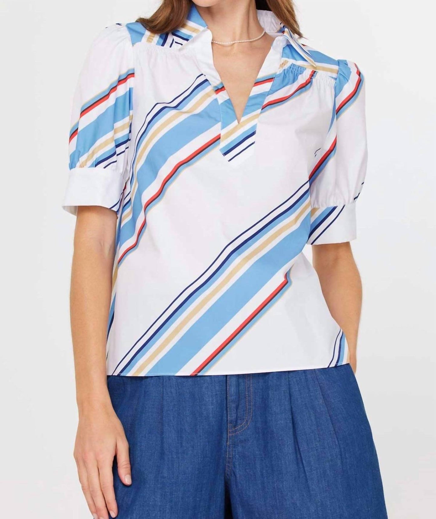 Current Air - Diagonal Stripe Split Neck Blouse