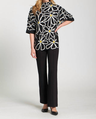 Apny - Whimsical Floral Sweater With Contrast Cuffs And Pockets