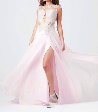 Mac Duggal - Vestido de baile com contas, recortes de renda e fenda alta