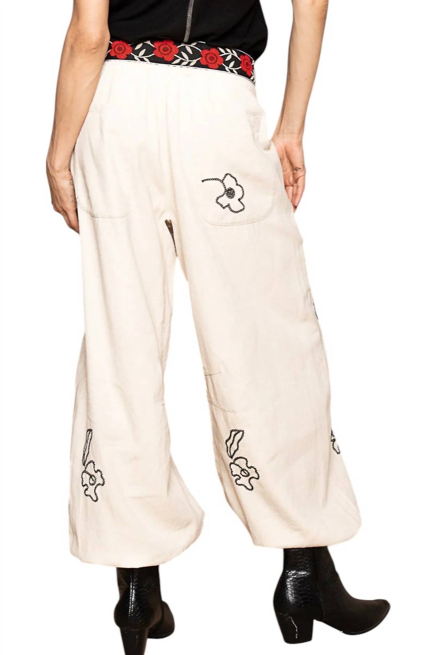 Pol - Floral Embroidered Pattern Solid Twill Pants