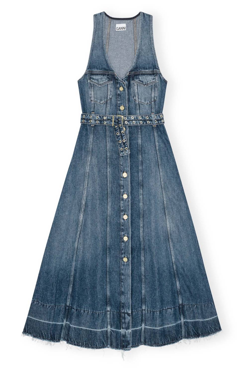 Ganni - Light Denim Belt Midi Dress