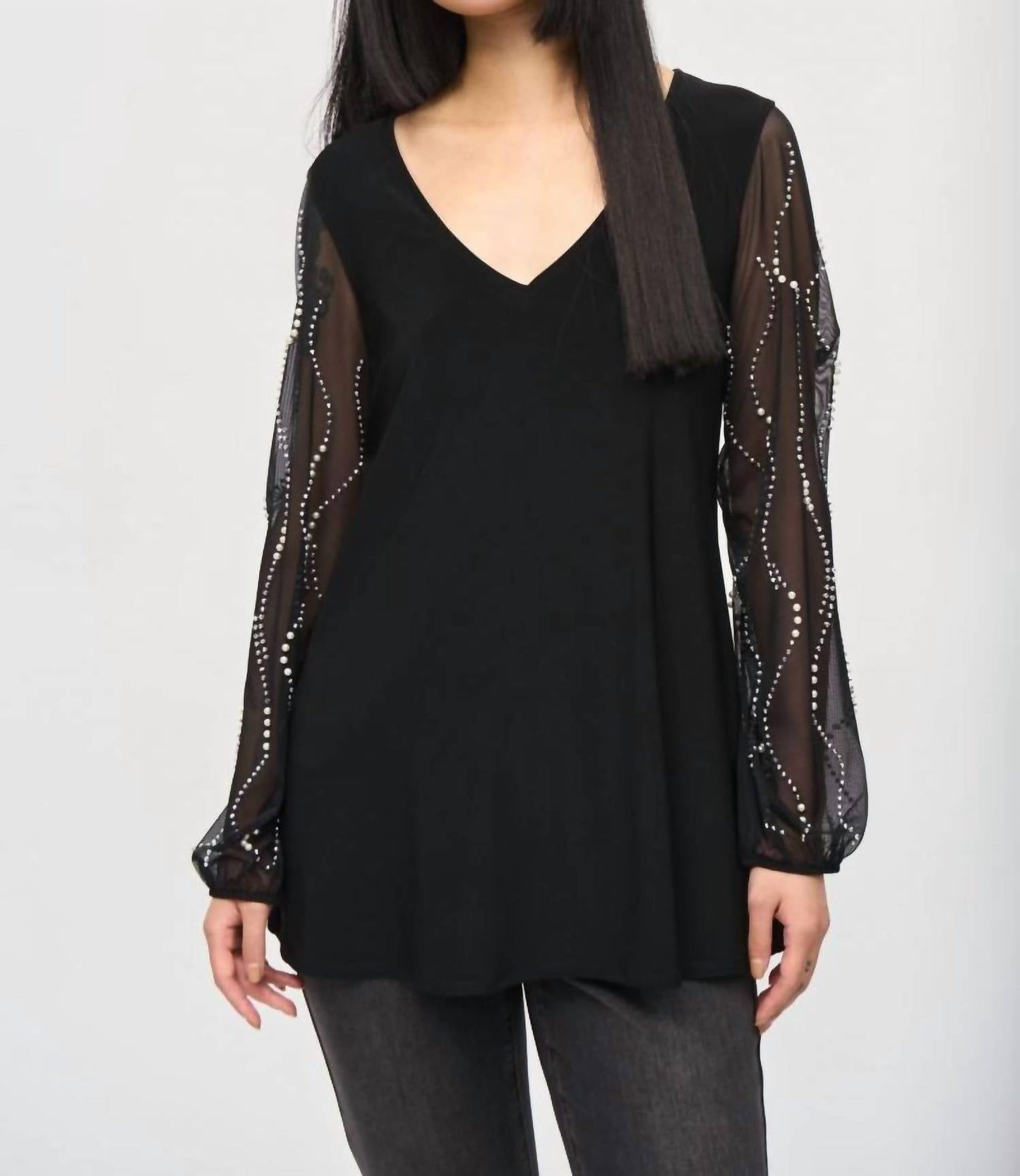 Joseph Ribkoff - Embellished Mesh Puff Sleeve Tunic