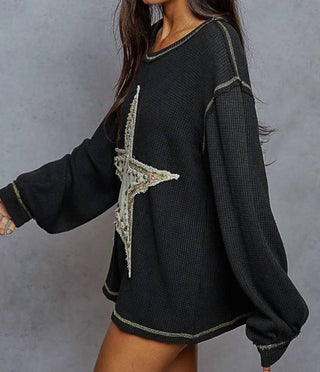 Pol - Long Sleeve Thermal Knit Star Patch Top
