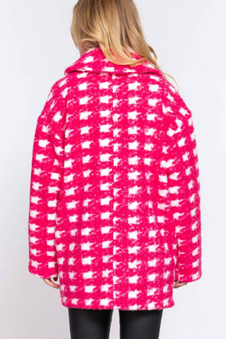 Active Usa - Double Breasted Check Print Boucle Fleece Coat