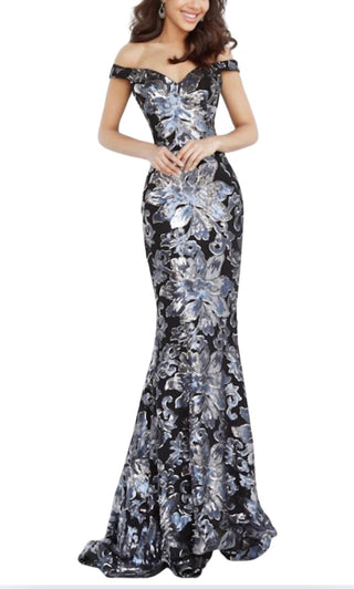 Jovani - Vestido de ombro caído com lantejoulas florais