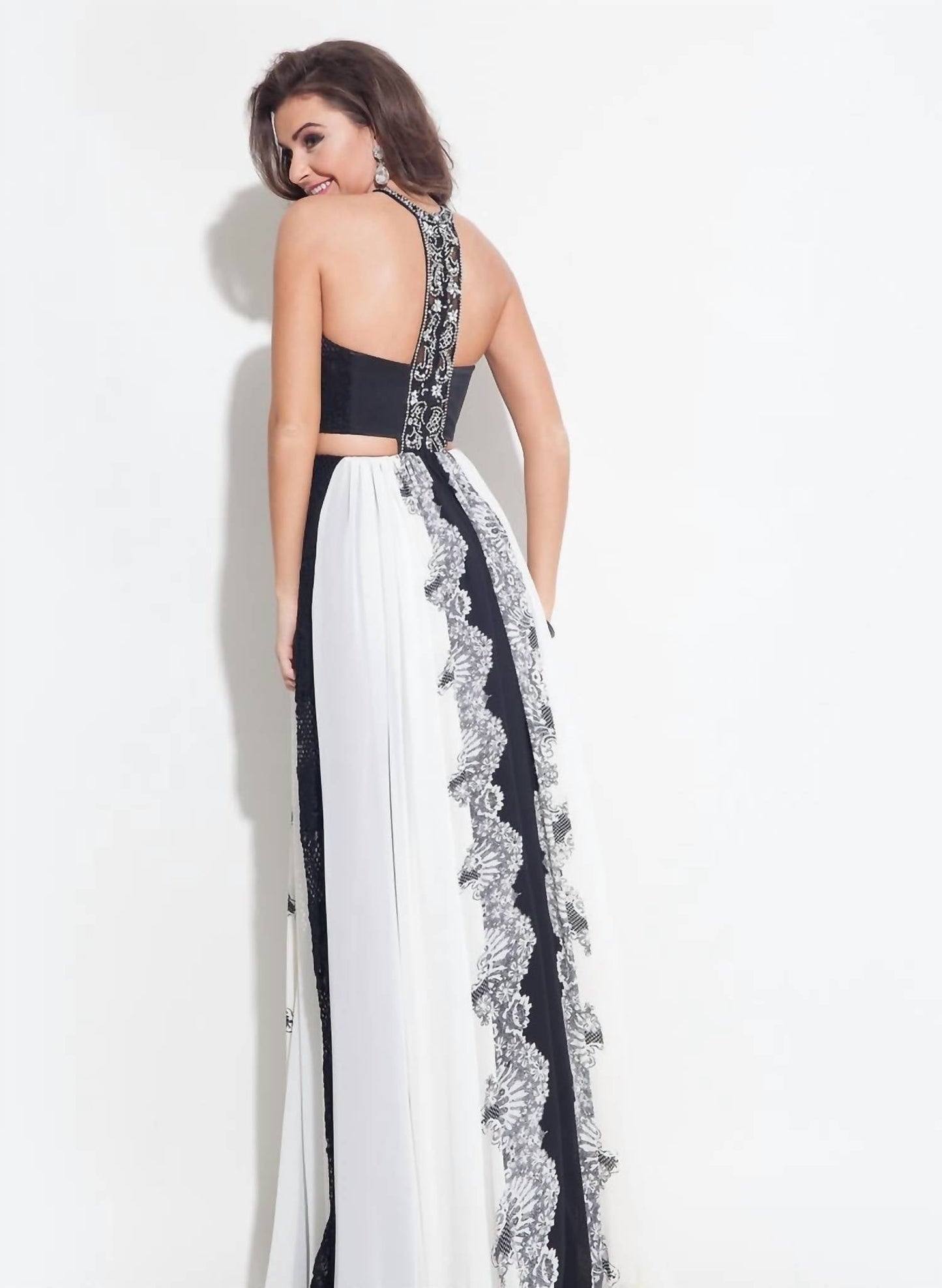 Rachel Allan - Chiffon A-line Prom Gown With Lace Inserts