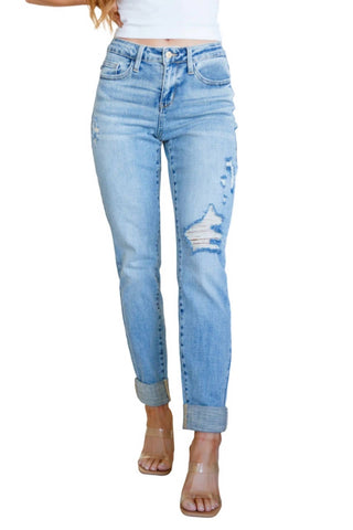 Judy Blue - Calça jeans boyfriend desgastada de cintura média