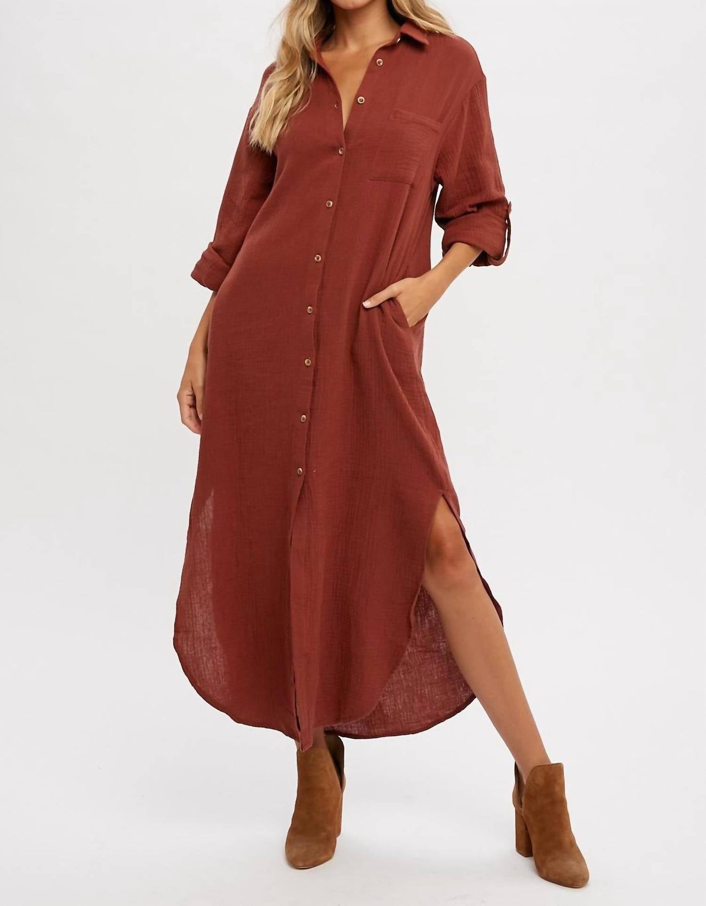 Style Usa - Maxi Gauze Shirt Dress