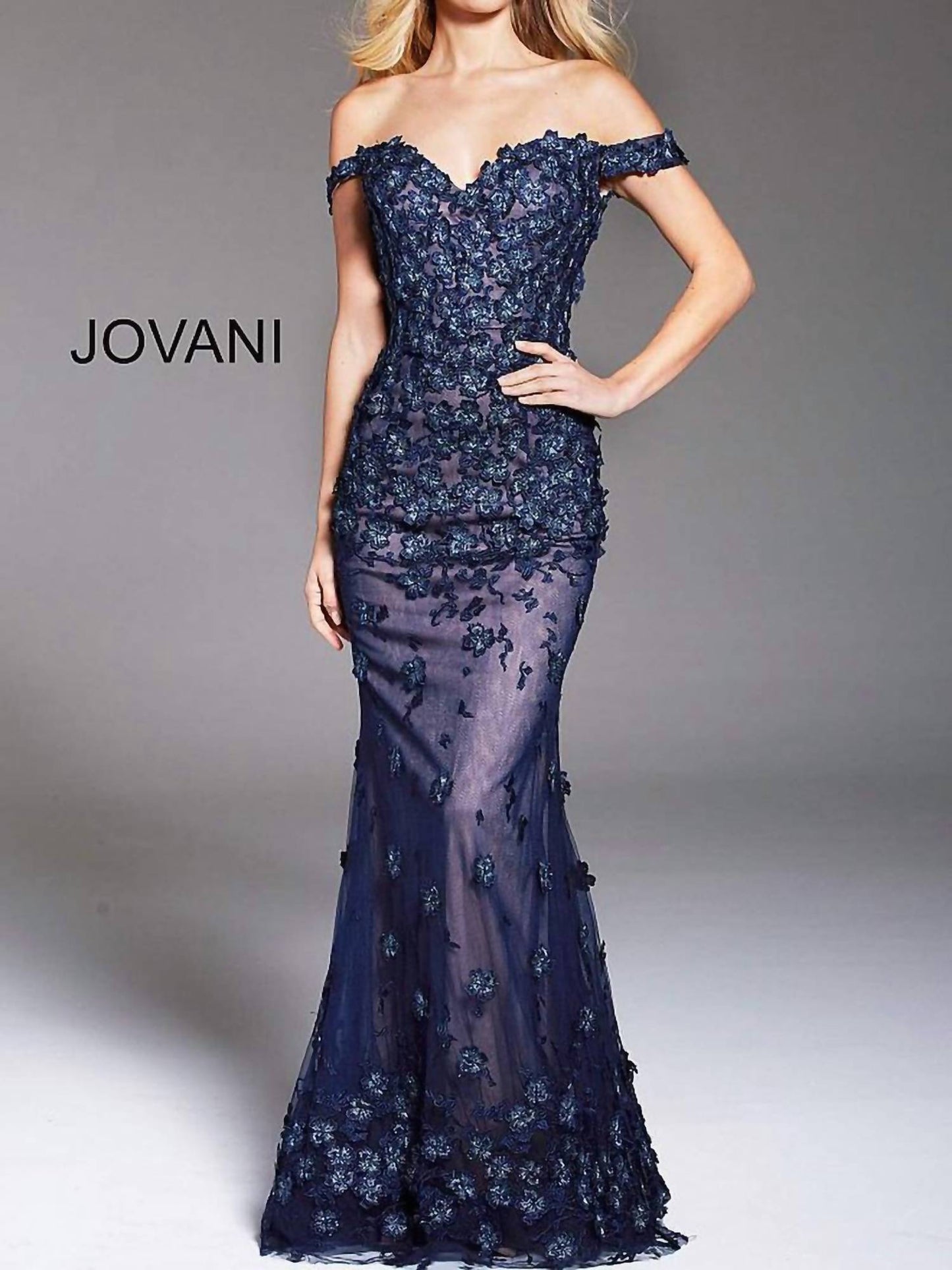 Jovani - Floral Embellished Off Shoulder Evening Dress