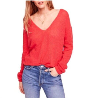 Free People - Suéter de malha coral com decote em V e gola em V