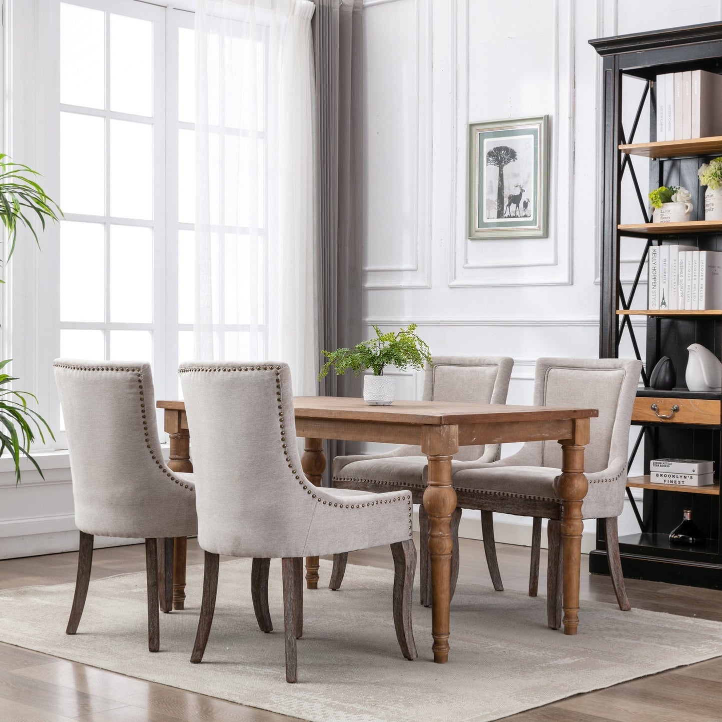 A&A Furniture Ultra Side Dining Chair with Thickened Fabric and Bronze Nail Head, Beige, Set of 2