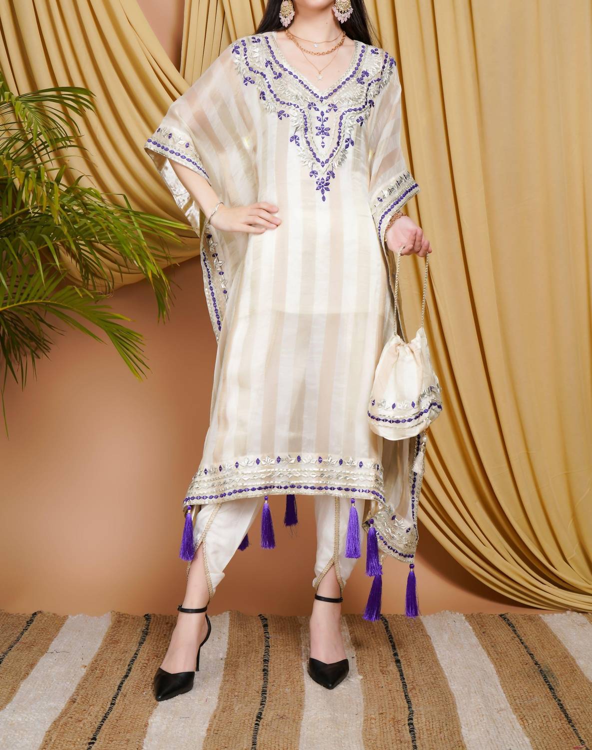 Zaalima Fashion - Striped Organza Kaftan Suit With Mirror Work And Tassel Accents