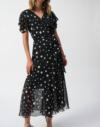 Joseph Ribkoff - Vestido envelope feminino com estampa de bolinhas em chiffon