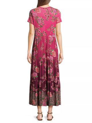 Johnny Was - Vestido midi de malha com manga curta e camadas para mulheres