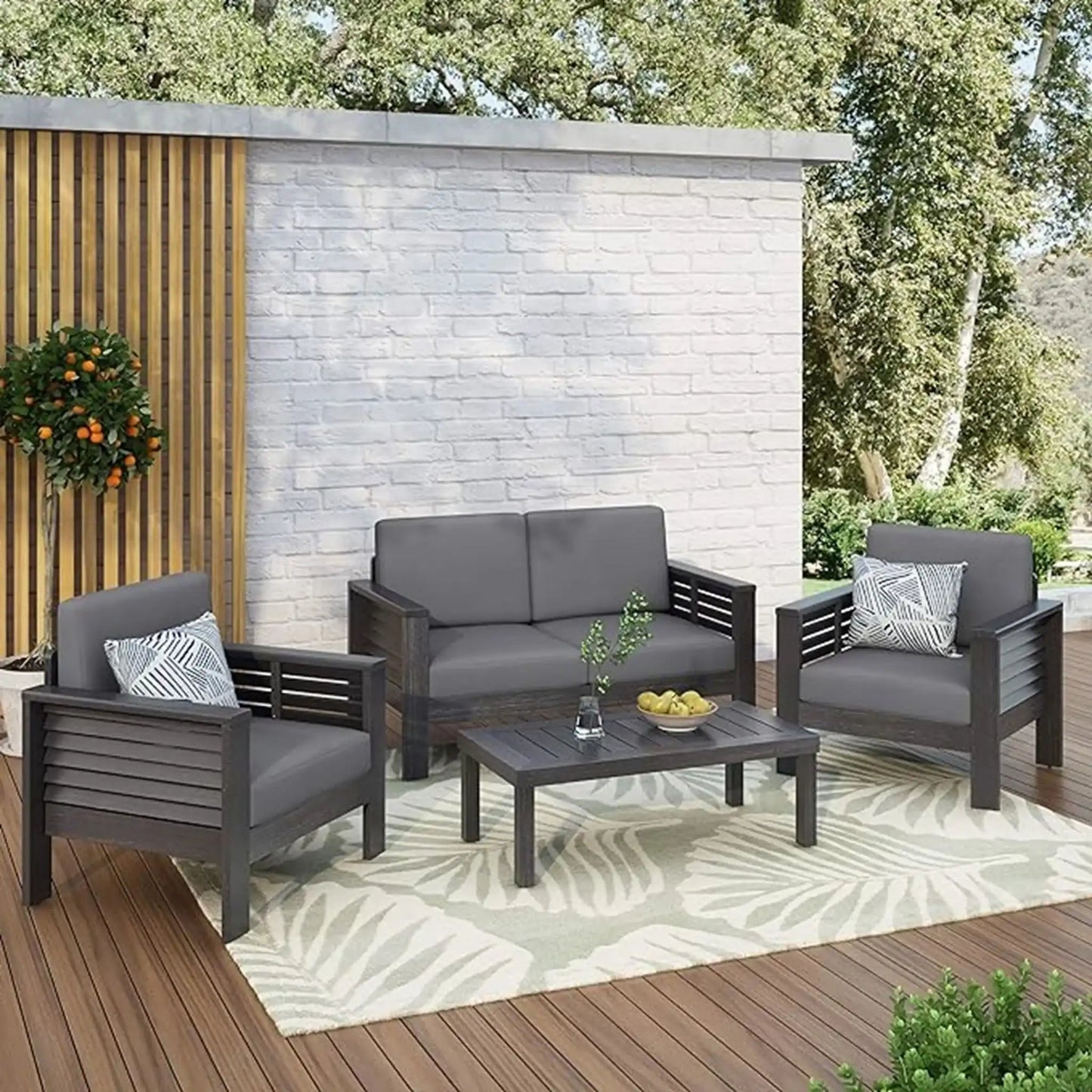 Acacia Wood Loveseat and Coffee Table Set with Cushions