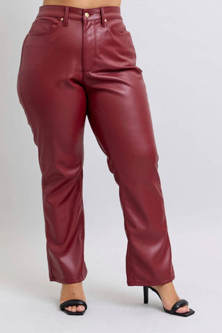 Trendsi - Women's Judy Blue Full Size High Waist Tummy Control Faux Leather Straight Pants Plus Size