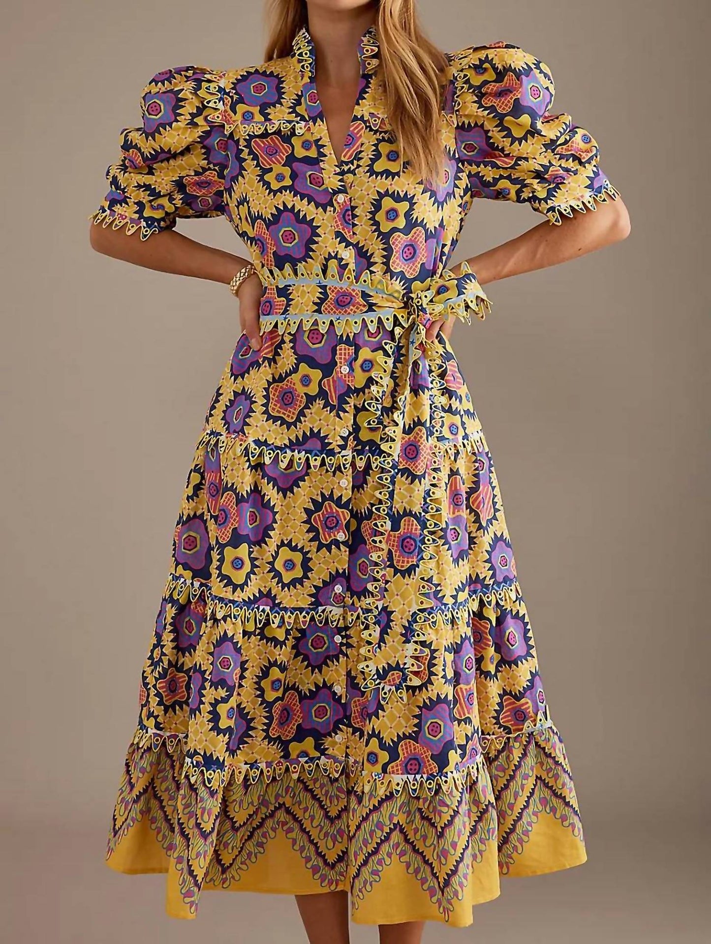 Celia B - Linen Puff-sleeve Midi Dress