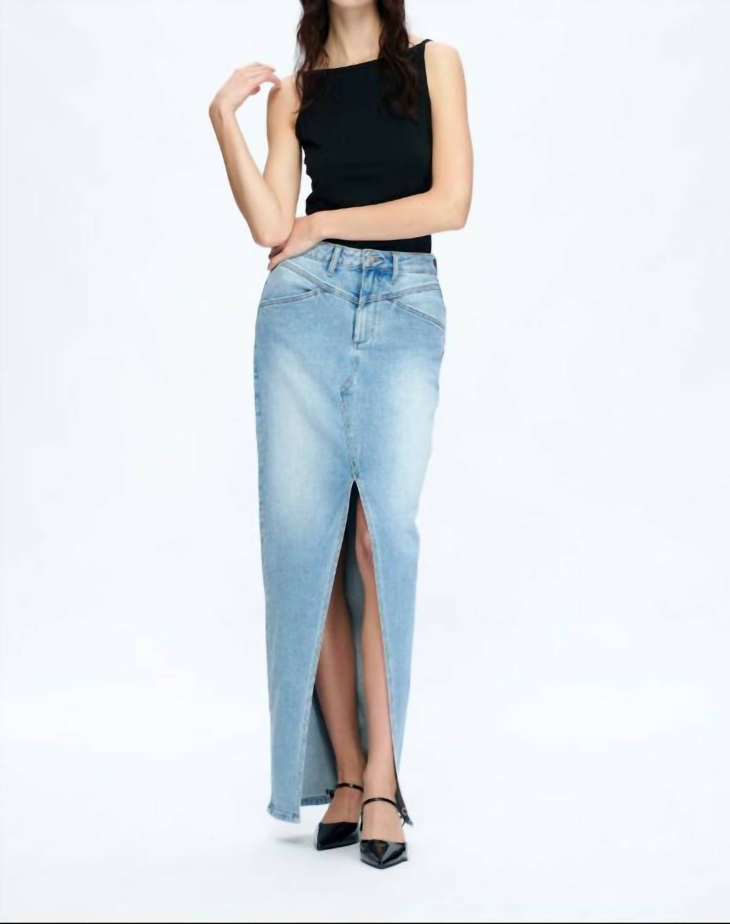 Bayeas - Lauren Mid Rise Slit Denim Maxi Skirt