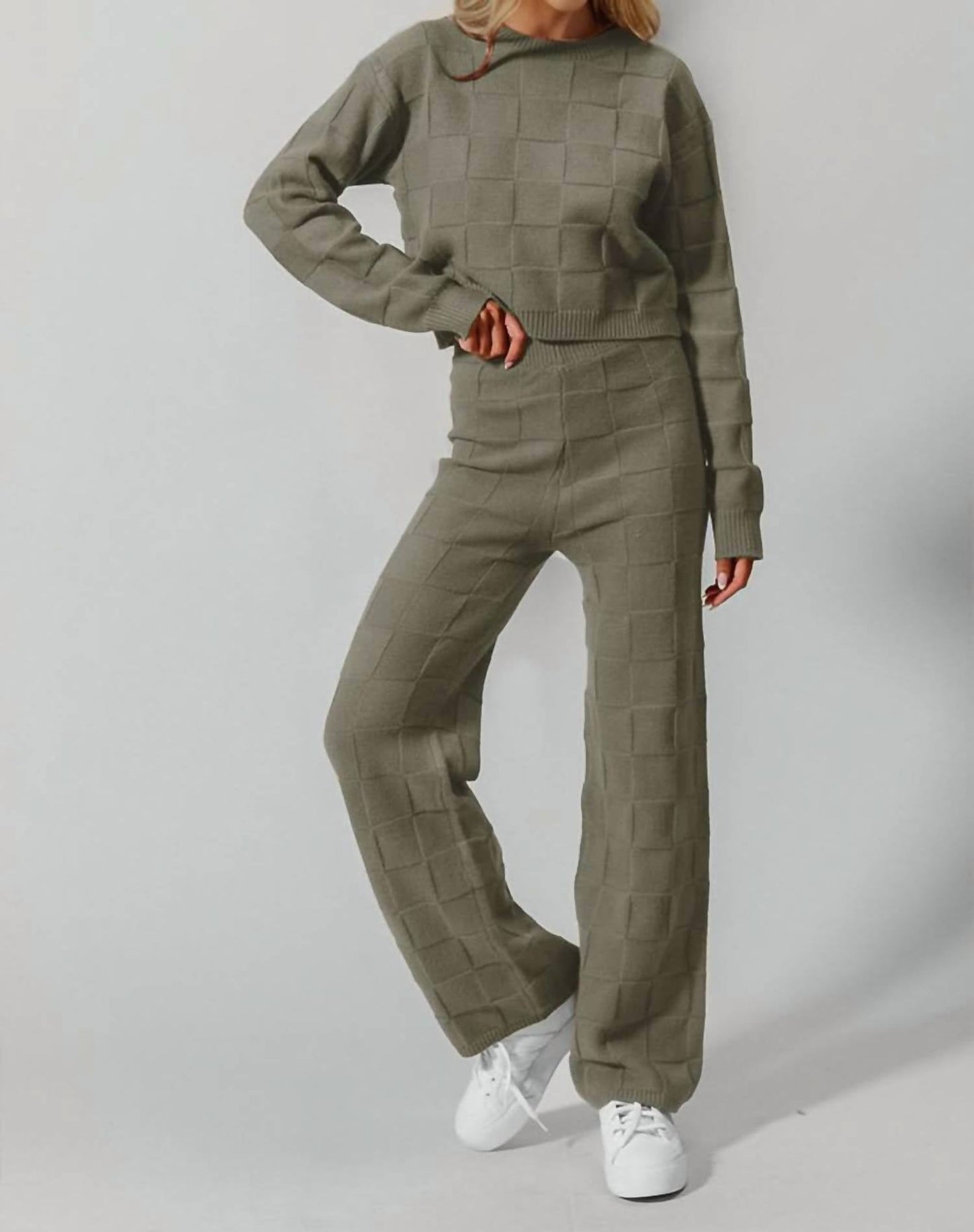 Double Take - Checkered Round Neck Top And Pants Set