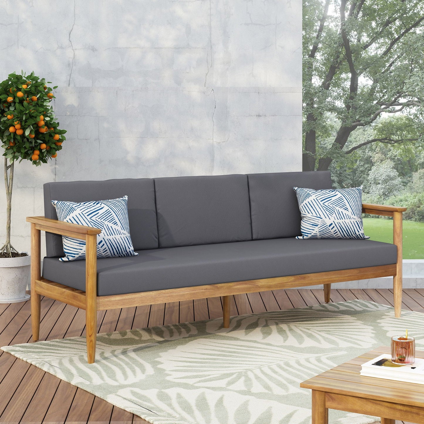 Outdoor 3-Seater Sofa with Cushion and Teak Acacia Wood - Dark Gray