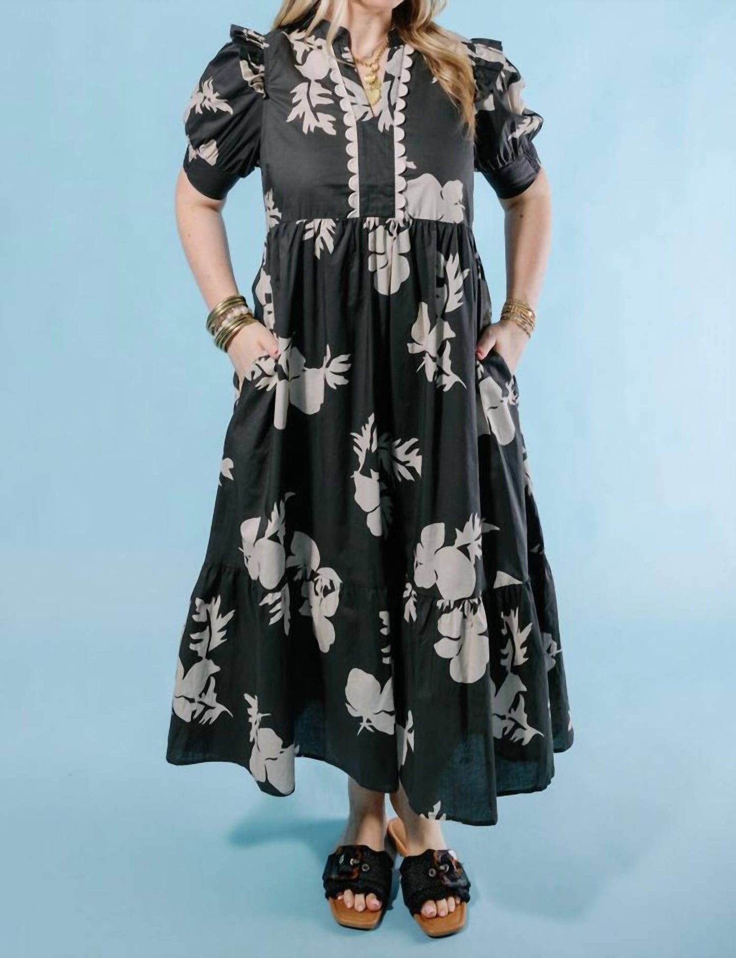 Entro - Floral Midi Dress With Scallop Detail