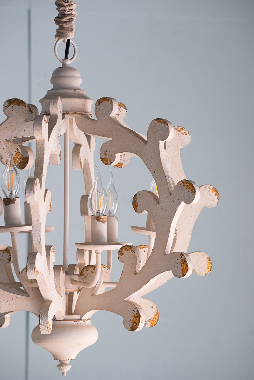 6 Light White Wood and Iron Chandelier with Adjustable Chain