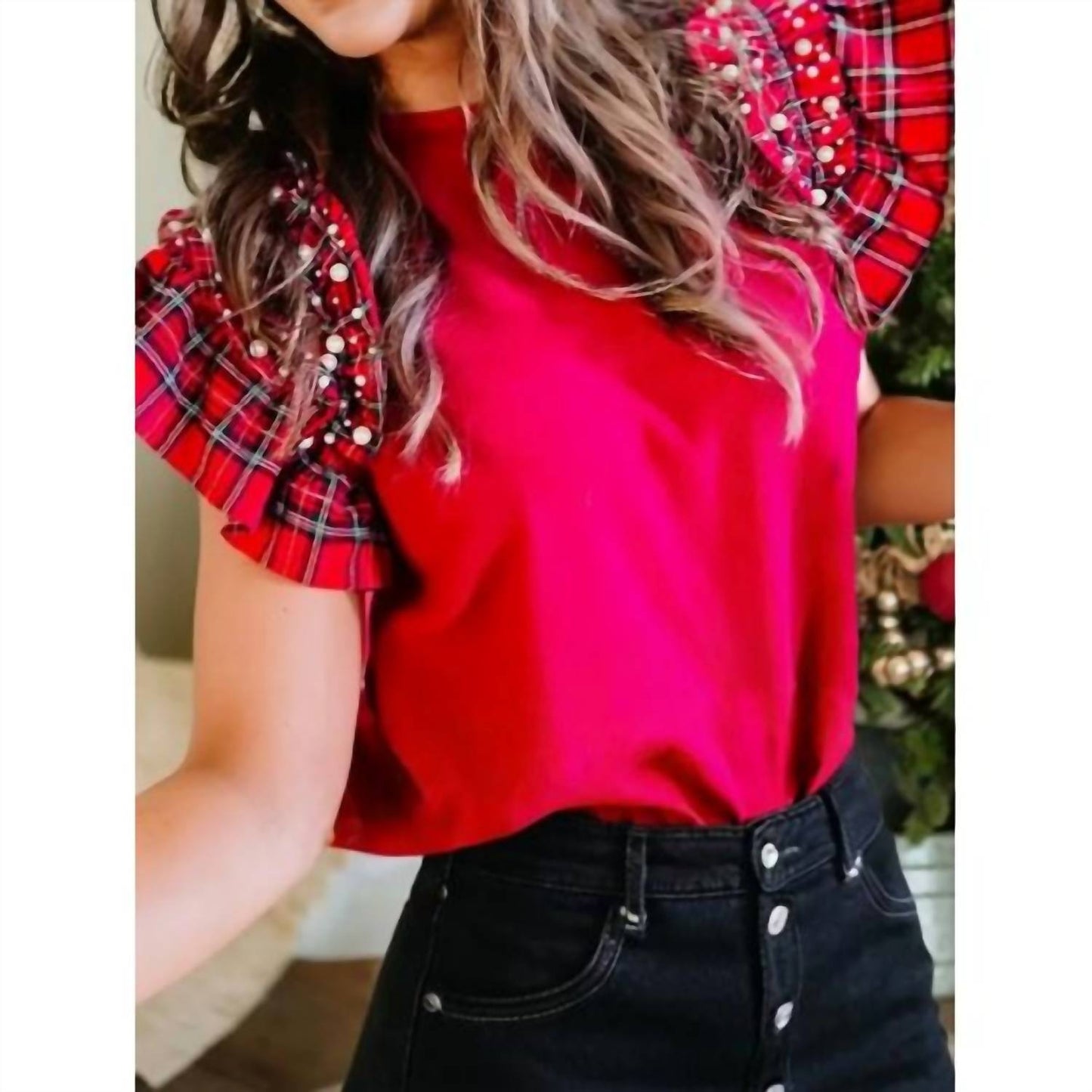 1 The Woman - Plaid Pearl Ruffle Sleeve Top