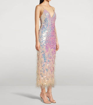 Loveshackfancy - Miriana Feather-trimmed Sequin Slip Midi Dress