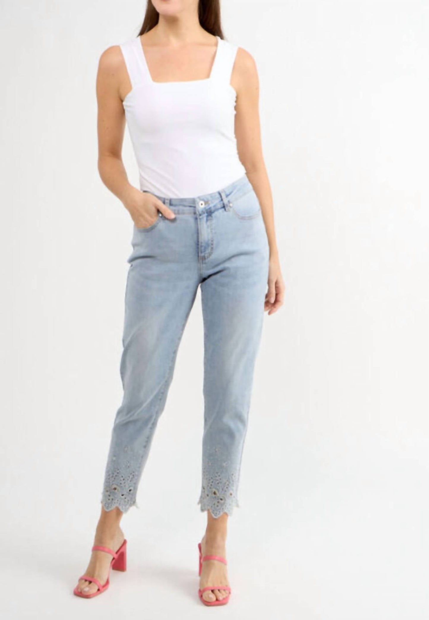 Orly - Button Front Jeans with Floral Cutouts and Bling
