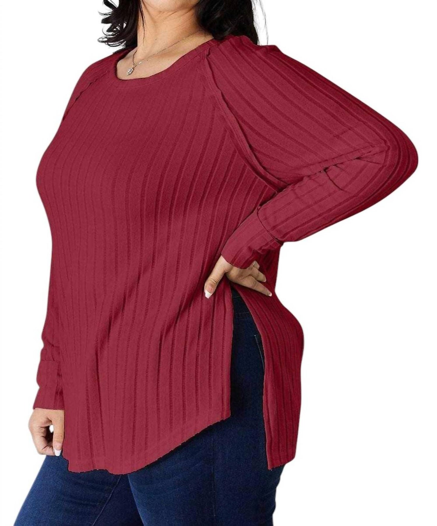Basic Bae - Chic Ribbed Round Neck Slit Tee