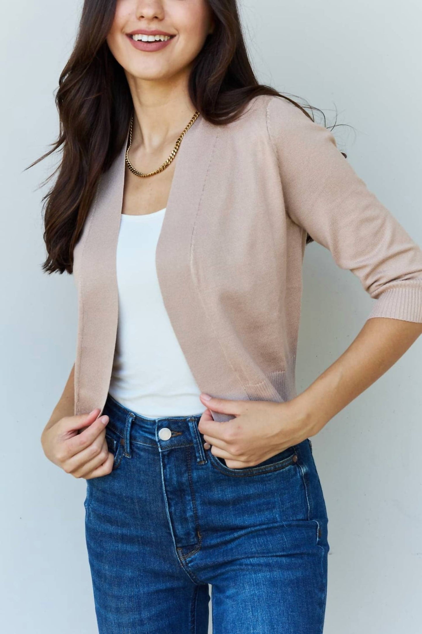 Doublju - Full Size 3/4 Sleeve Cropped Cardigan