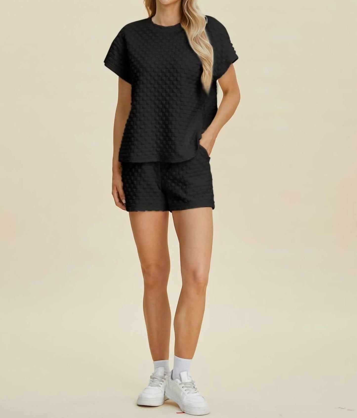 Double Take - Sleek Texture T-Shirt and Shorts Set