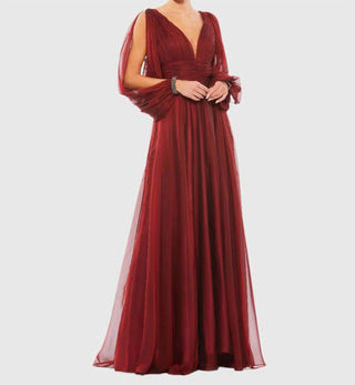 Mac Duggal - Vestido de chiffon com decote em V e corte A, punhos com contas