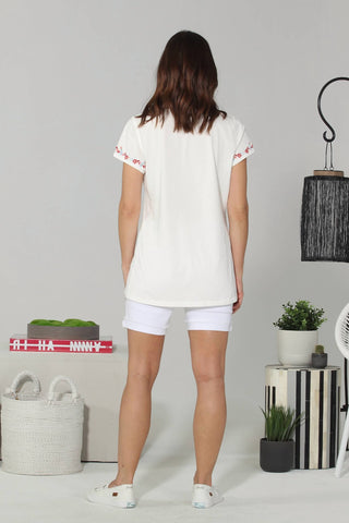 Paparazzi - Blusa de malha bordada com decote em V e manga curta