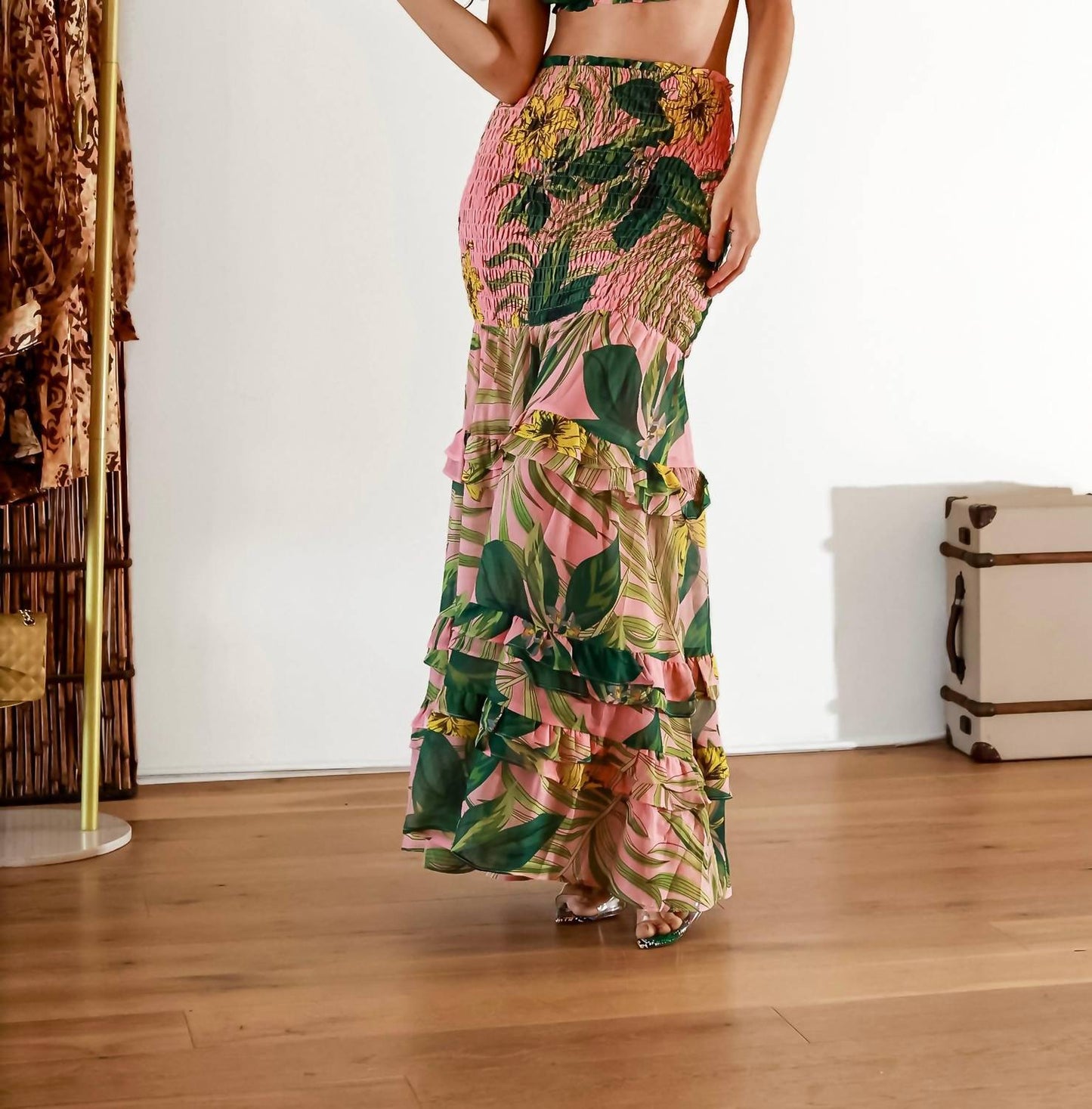 Little Secret Of Mine - Women's Pink Paradise Off Shoulder Smocked Ruffle Maxi Skirt Set