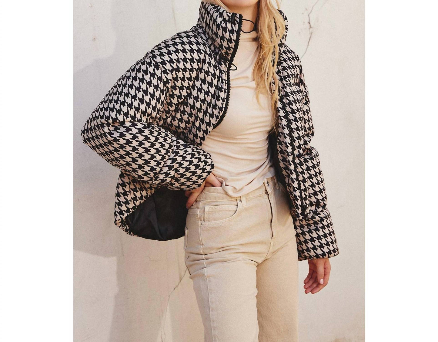 Dress Forum - Houndstooth Stand Collar Puffer Jacket