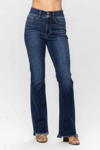 Judy Blue - Calça jeans bootcut vintage de cintura alta com bainha desfiada
